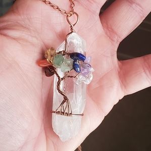 Handmade Wire Wrapped 7 Chakra Tree of Life Healing Quartz Crystal Pendant